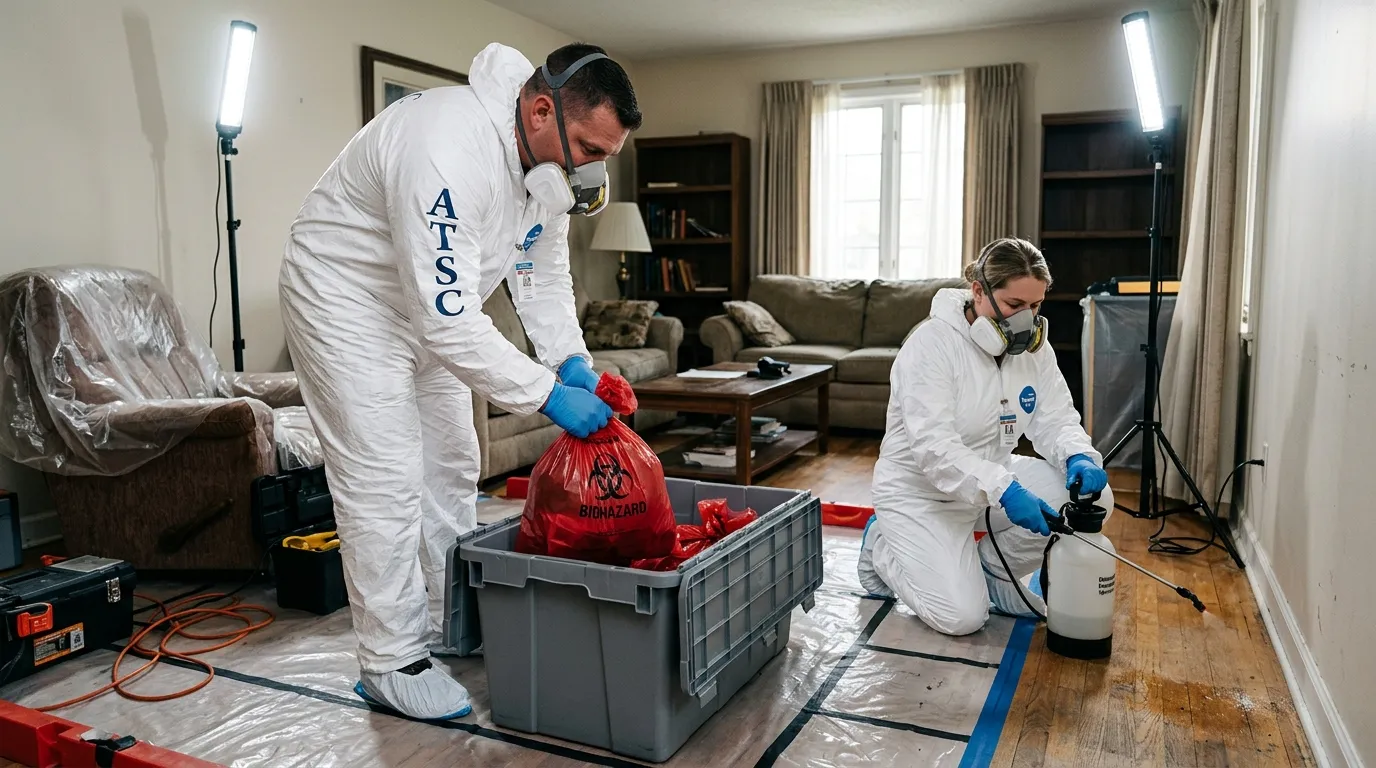 Professional Biohazard Cleanup technician in full PPE working in Oyster Bay
